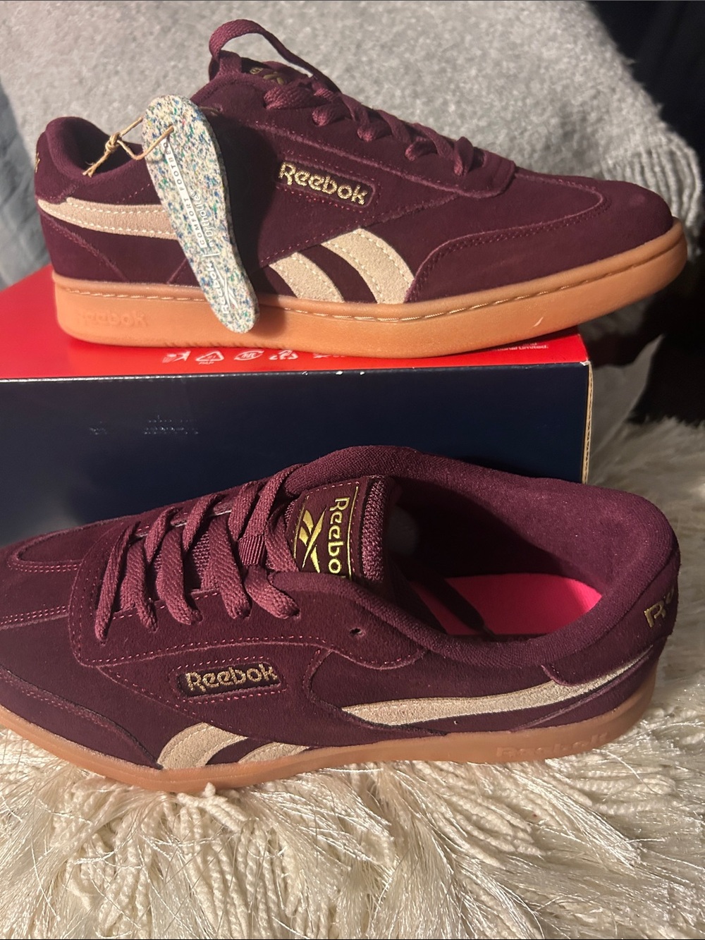 Reebok Burgundy Suede Sneakers with Gum Sole and Cream Stripes